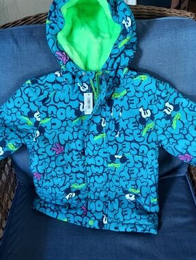 Disney Fleese Lined Parka Rain Jacket Teal Backround Mickey Mouse Themed: Sz. XS